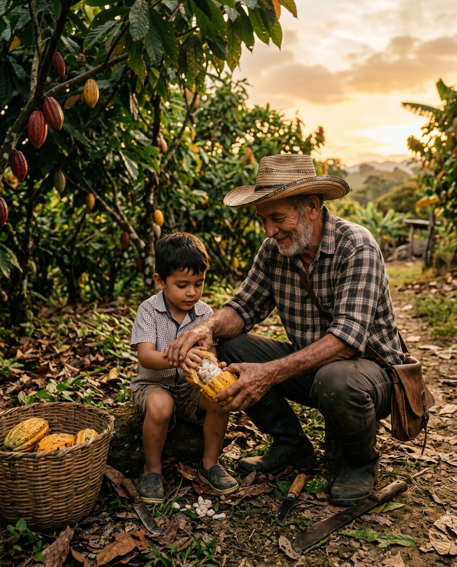 Abuelo enseñando a su nieto el cacao, El Carmen de Chucurí