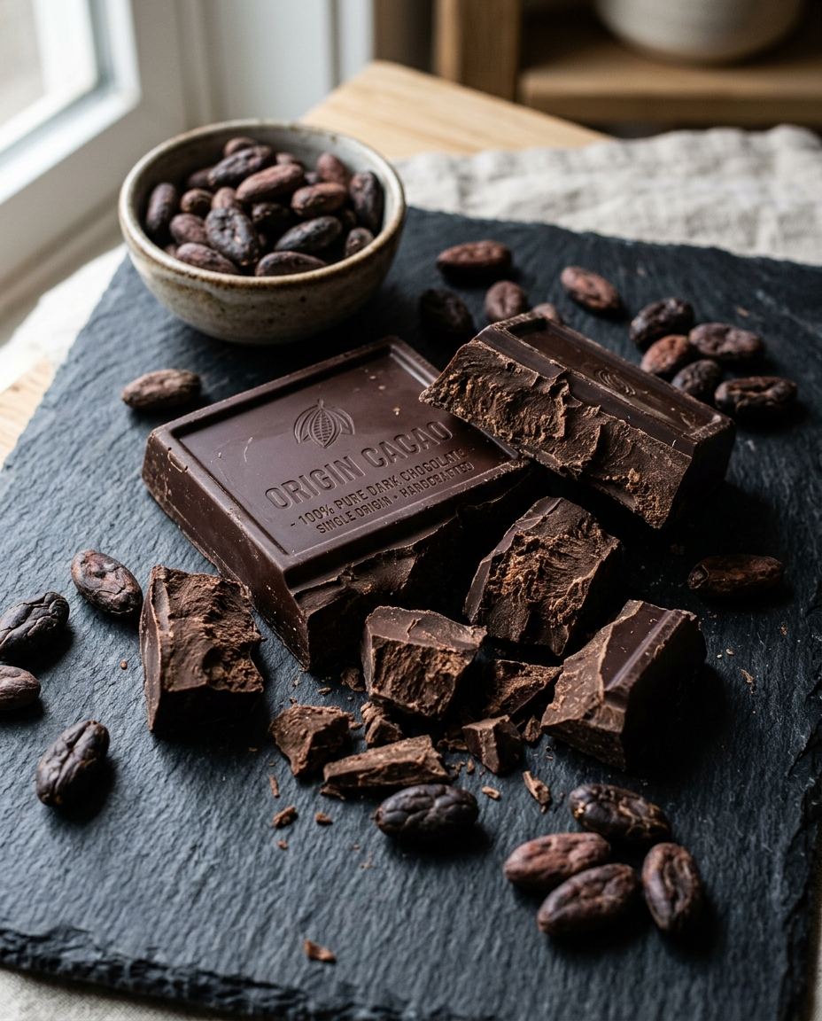 Chocolate en barra artesanal partido, con granos de cacao